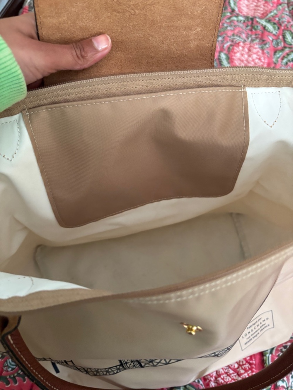 Longchamp Beige Tote with Black Eiffel Tower and Brown Trim - Picture 6 of 13